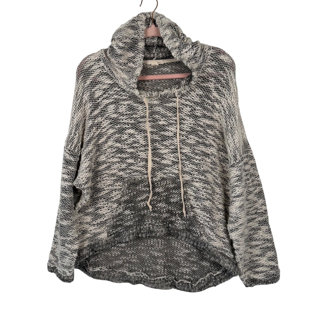Kaii Womens XL Black White Marled Knit Oversized Hoodie Cowl Neck‎ High Low Hem